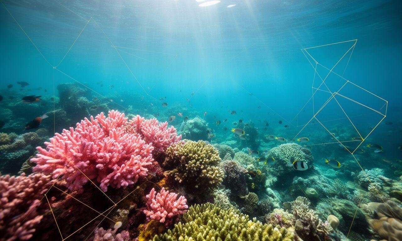 Kolorowa rafa koralowa z elementami sugerującymi zrównoważone finansowanie i ochronę oceanów